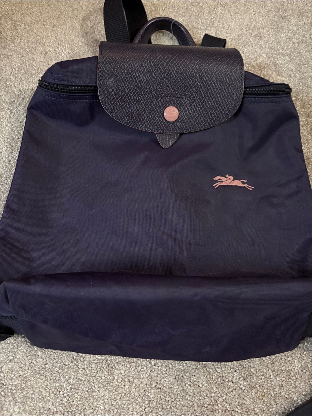 Longchamp Le pliage Backpack in Bilberry ( purple-ish) with Pink Logo Accent